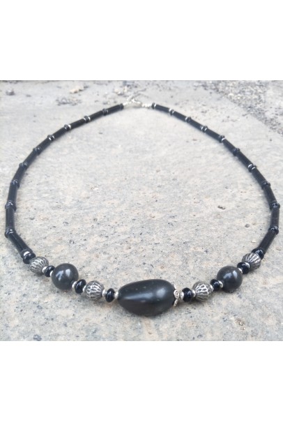 Alphabey's Black Onyx Brass Silver Plated Necklace For Women